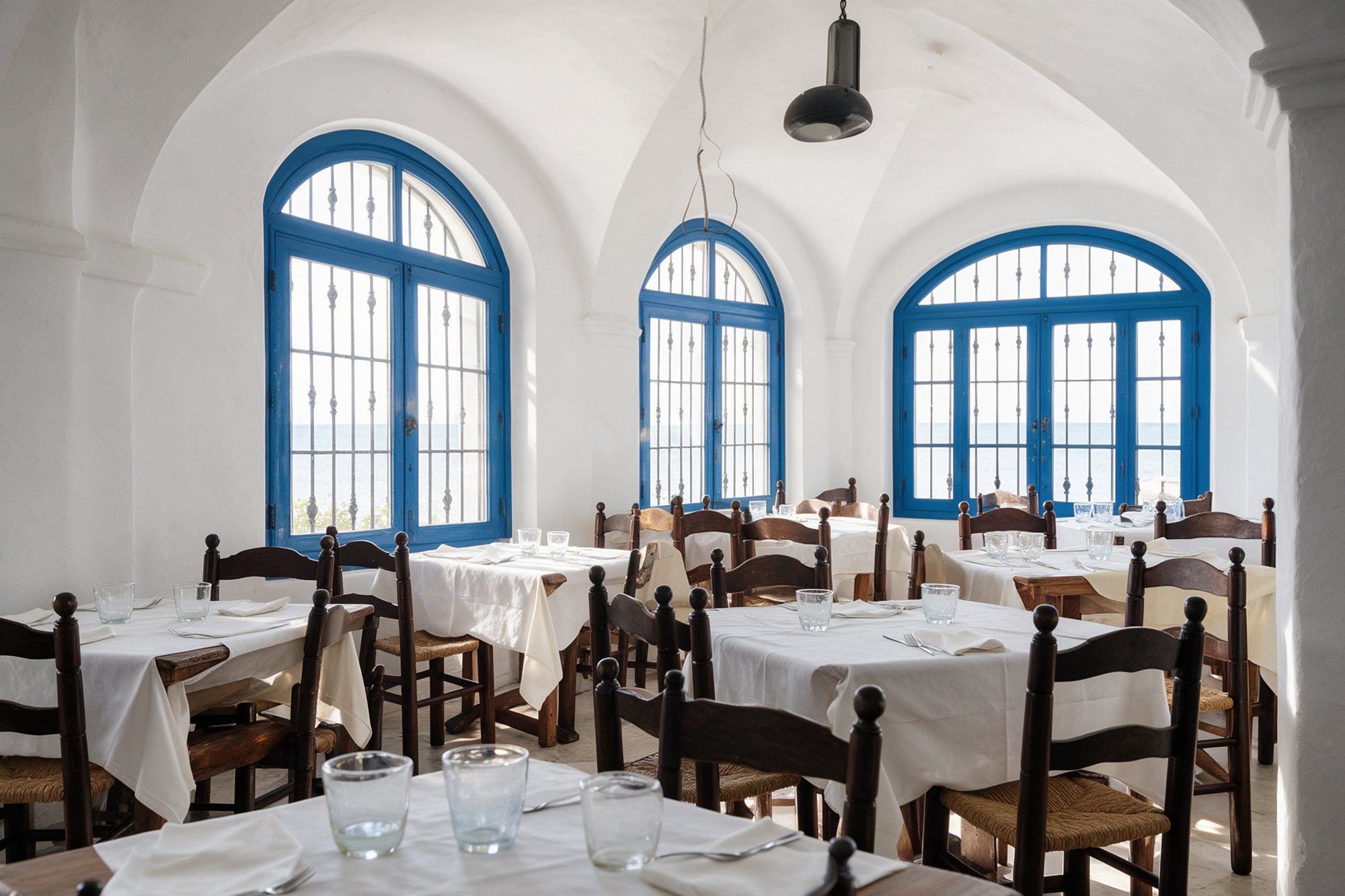 Comedor luminoso de bistró junto al mar con arcos de ventana enmarcados en azul, rejería de forja y mesas vestidas de blanco