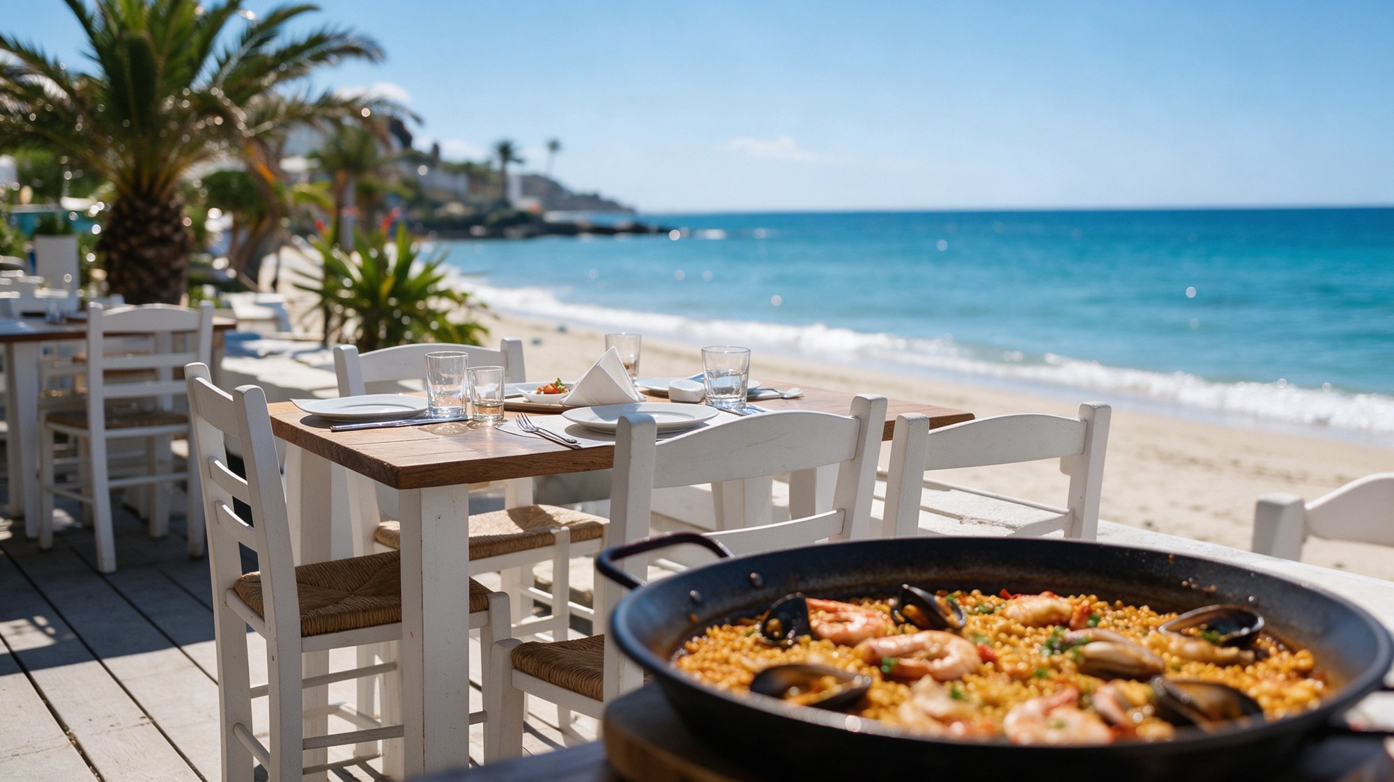 Mesa en la terraza junto al paseo marítimo con palmeras, arena y mar al fondo en un día soleado
