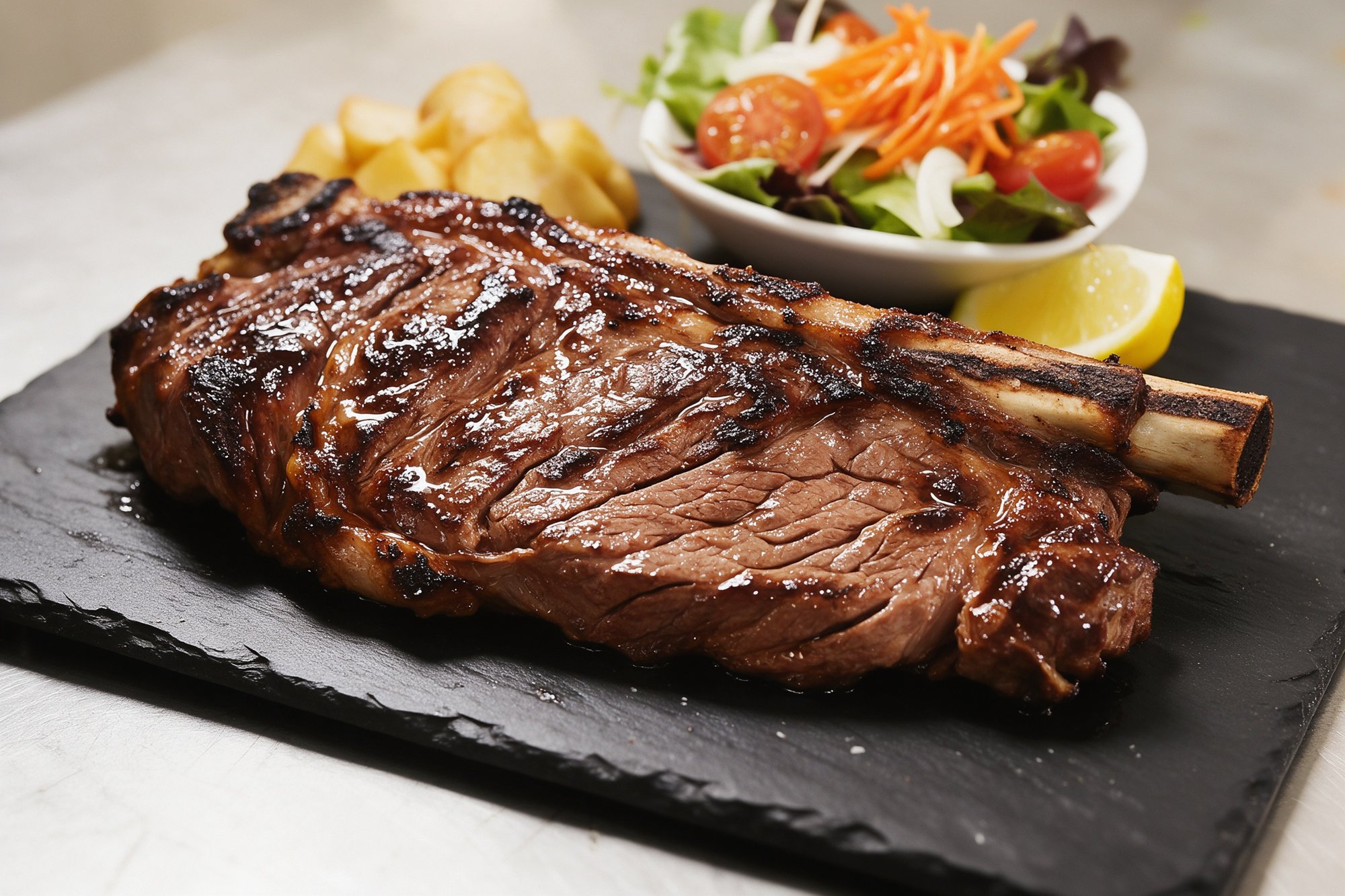 Churrasco entero a la brasa con corteza caramelizada sobre pizarra negra, con ensalada, patatas y limón