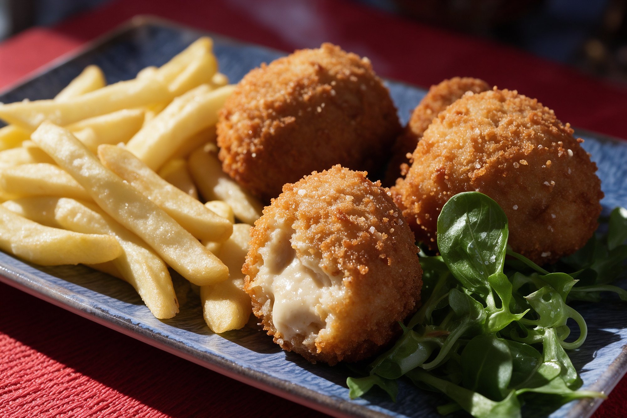 Croquetas caseras doradas sobre plato azul rectangular con patatas fritas y rúcula