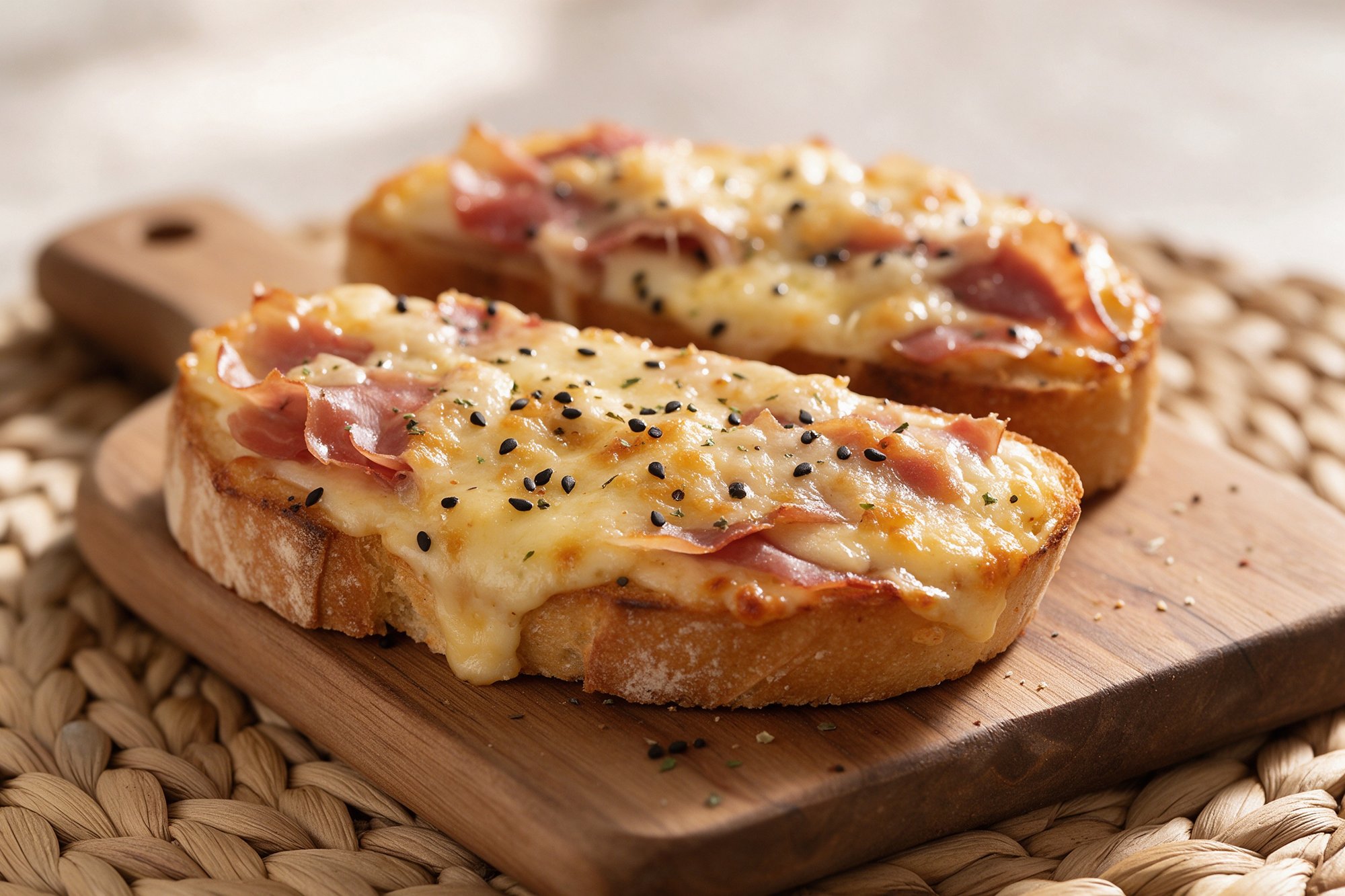 Tostas de pan rústico con jamón y queso fundido, espolvoreadas con sésamo negro, sobre tabla de madera