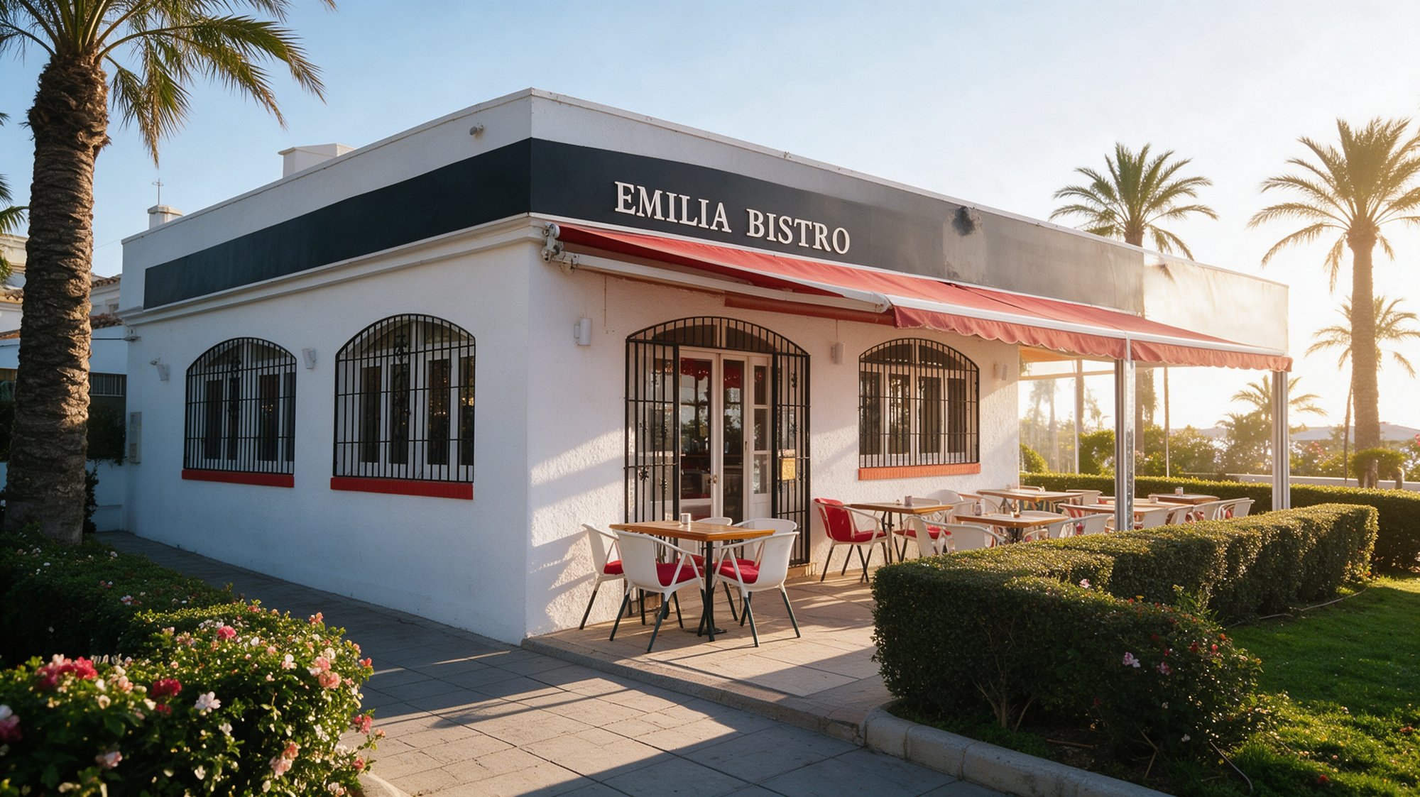 Fachada de bistró marinero con rótulo EMILIA BISTRÓ en letras blancas sobre banda oscura, toldo rojo, ventanas de arco con rejería y terraza con cojines rojos entre setos